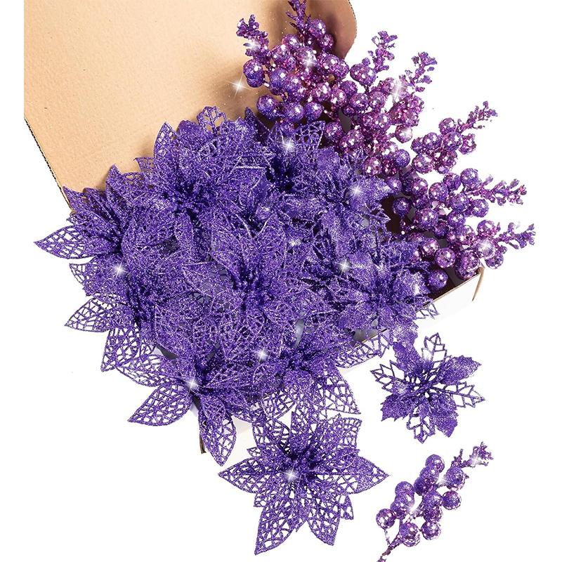 20Pcs Christmas Decoration Glitter Berrie Artificial Flower Bouquet Christmas Tree Ornament for Home New Year 2025 Navidad Decor