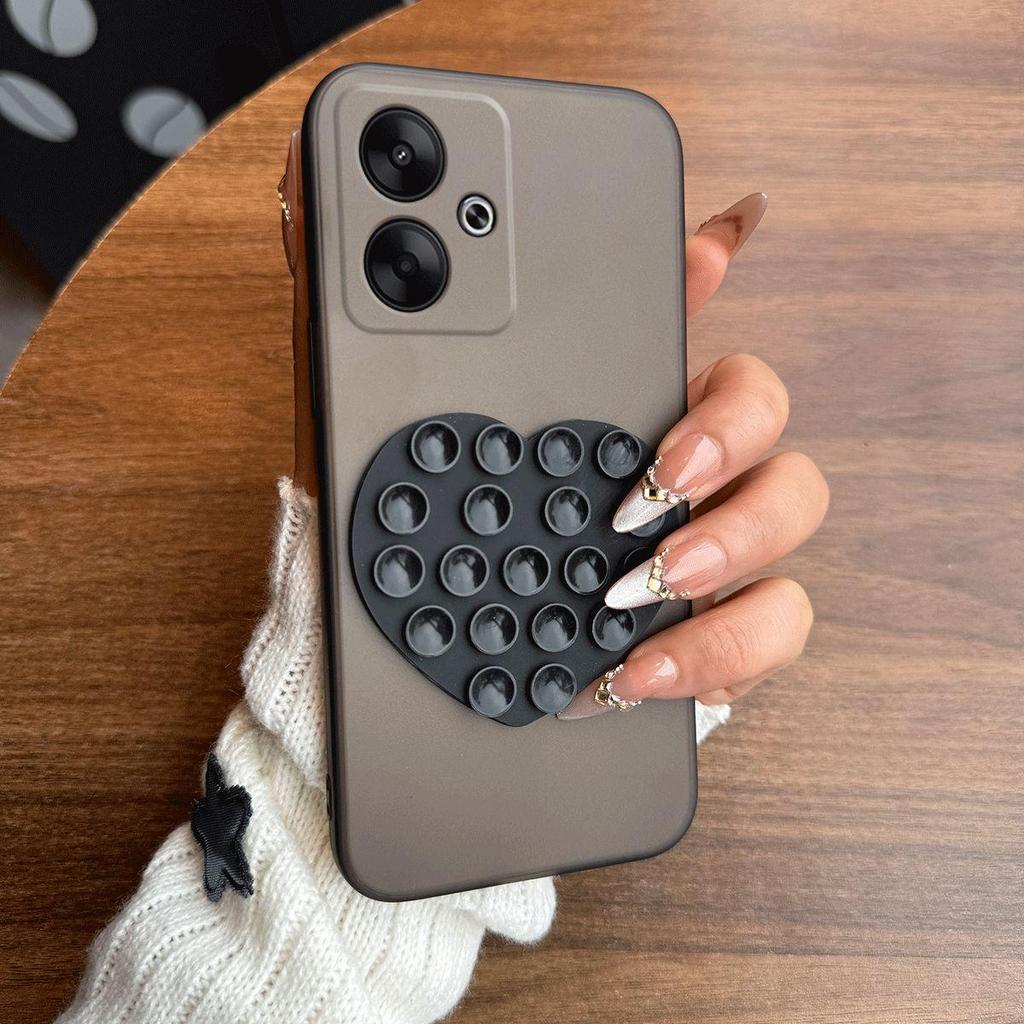 Heart Shape Suction Cup Phone Case for Xiaomi Redmi 13X,13 4G,POCO M6 4G Semi Transparent Matte Shockproof Soft TPU Cover