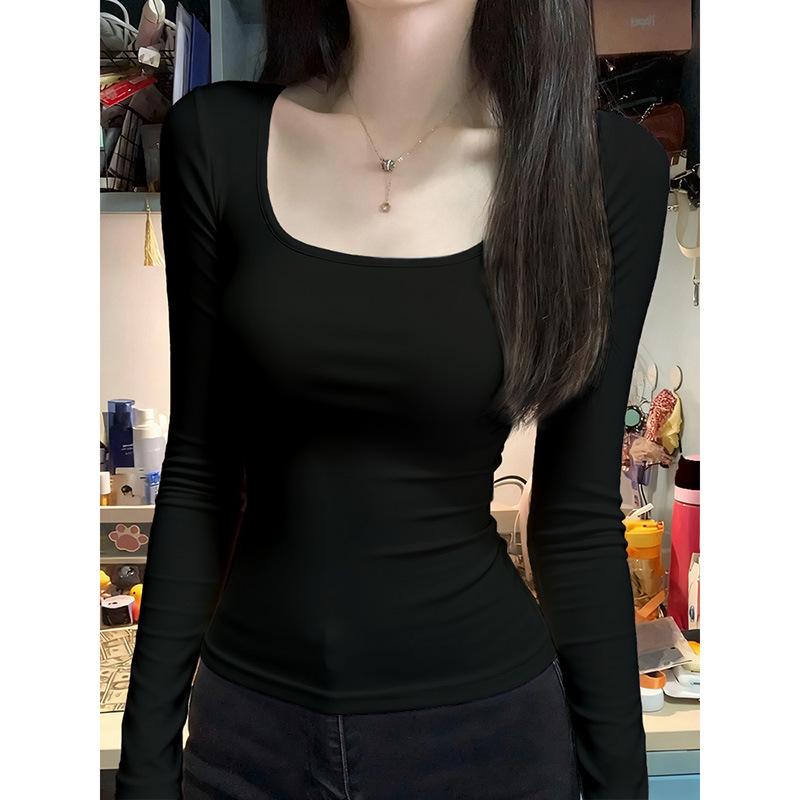 Cotton Brushed Thermal Fleece U-neck Slim Fit Drop Shoulder Base Layer Top for Women - Long Sleeve Autumn/Winter T-shirt