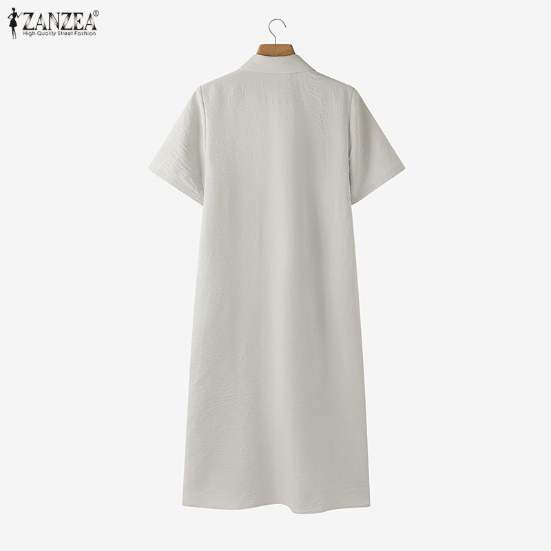 ZANZEA Women Casual Turn Down Collar Solid Color Short Sleeve Dress