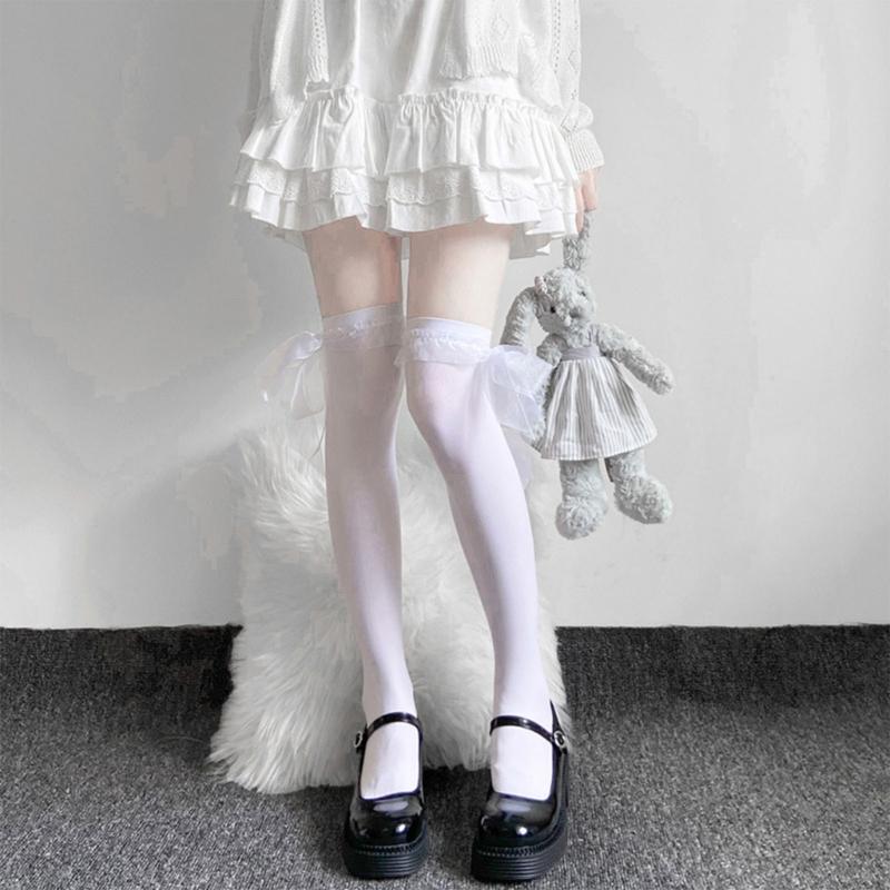 Bowknot Stockings Womens Lace Trims Thigh High Stockings Over Knee Long Stockings,Long Socks for Student Girl