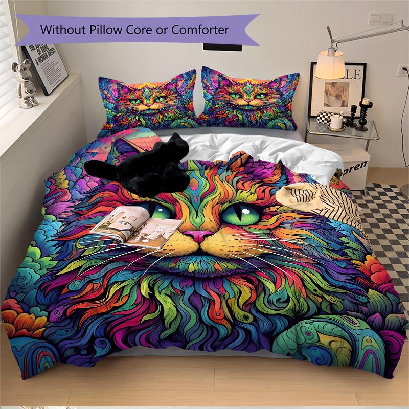 3pcs Cat Art Design Printed Bedding Set, Soft and Comfortable Quilt Cover for Bedroom, Guest Room (1 Duvet Cover + 2 Pillowcases, Pillow Cor