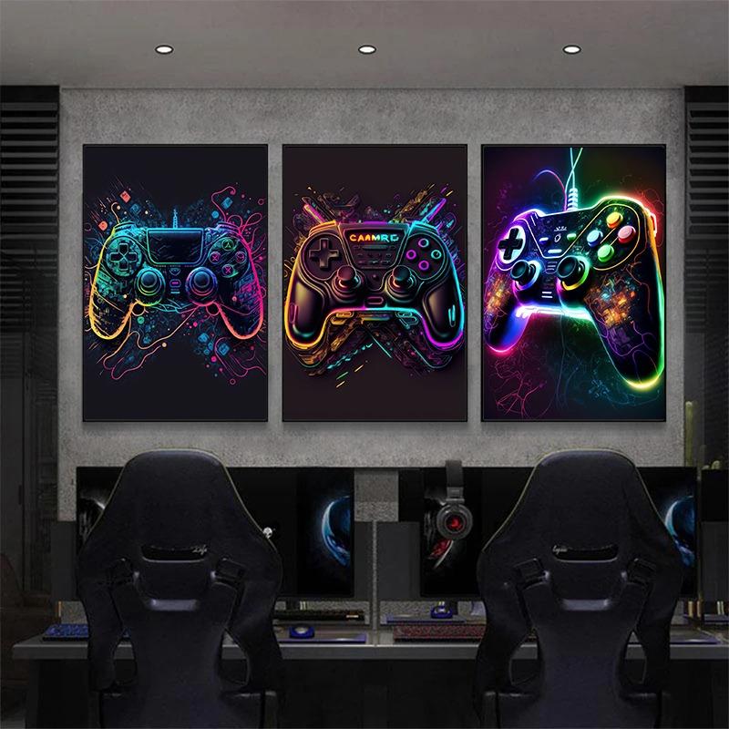 Cooles Gaming Wandbild Leinwandgemälde, Bunter Gamer Controller, Neon Pop Poster und Druck, E-Sports Raumdeko, Geschenk, Ohne Lichter