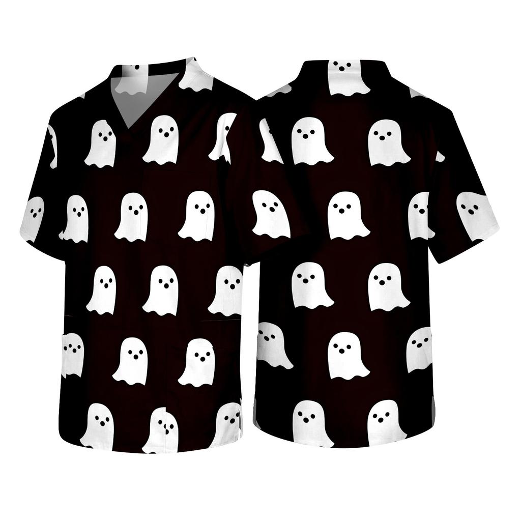 Men's V Neck Halloween Print Scrub Top with Chest Pocket Short Sleeve Medical Work Shirt for Healthcare Professionals and Caregivers