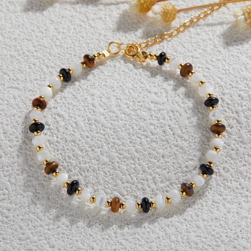 Natural Gemstone, Tiger Eye, White Fritillary, Black Agate, Colored Treasure, Beaded Bracelet For Women, With S925 Whole Body Sterling Silver.