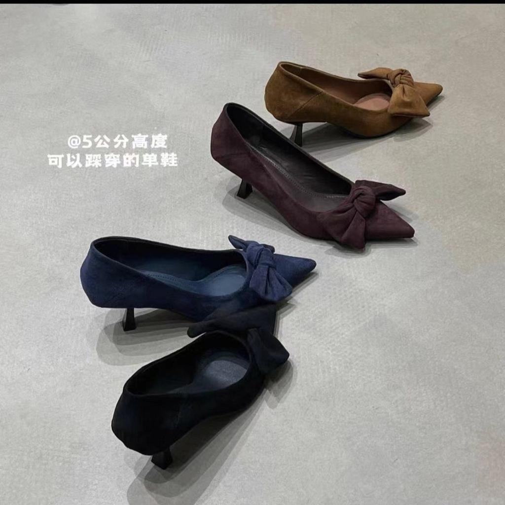 2025 autumn new pointed suede bow retro high heels women's fashion versatile stiletto commuter shoes