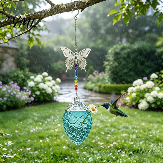 Glass Nectar Feeder for Garden Pine Cone Shape Hummingbird with Butterfly/Dragonfly Decor, Outdoor Hanging Small Mouth Bird Water Beads Chain