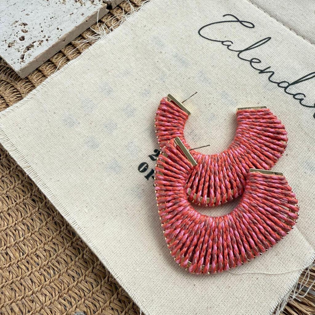 Elegant Hoop Earrings: Handmade European & American Fashion, Versatile Fall/Winter C-Shaped Studs with Cotton Thread Weaving