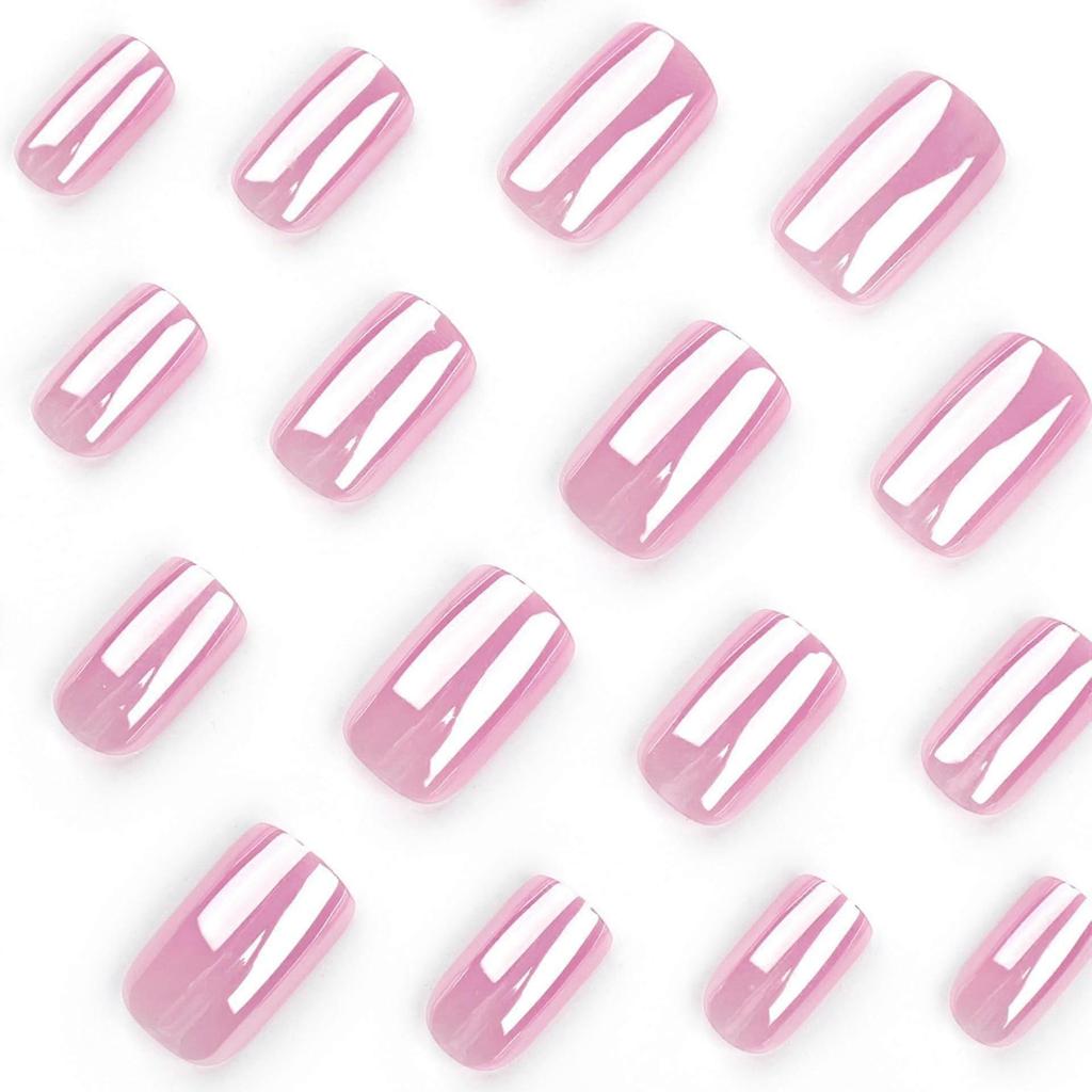 Short Square Pink Chrome Press On Nails with Glossy Gel Finish, Reusable Nude Fake Nails Set 24pcs