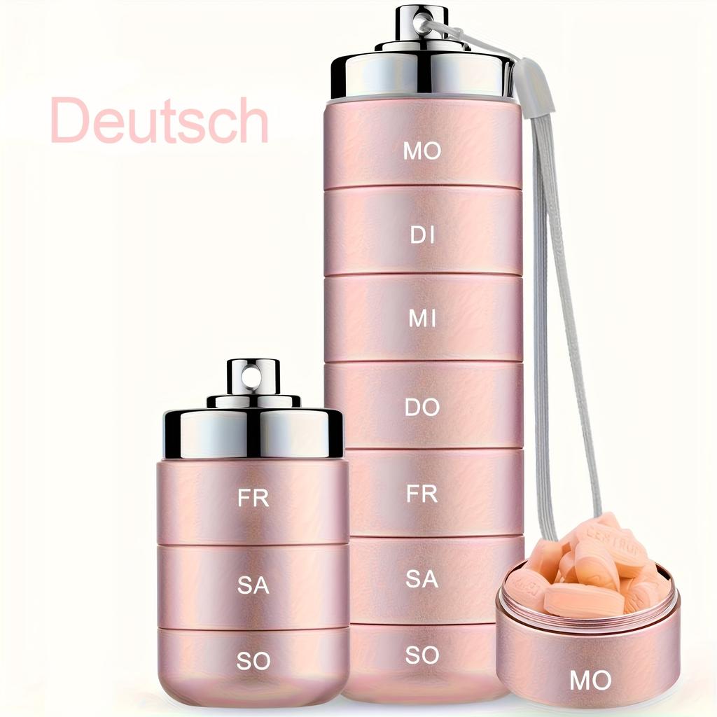 [German printing]Metal Travel Pill Organizer, Portable 7 Day Vitamin Organizer Stackable, Waterproof 1 Times A Day Pill Box