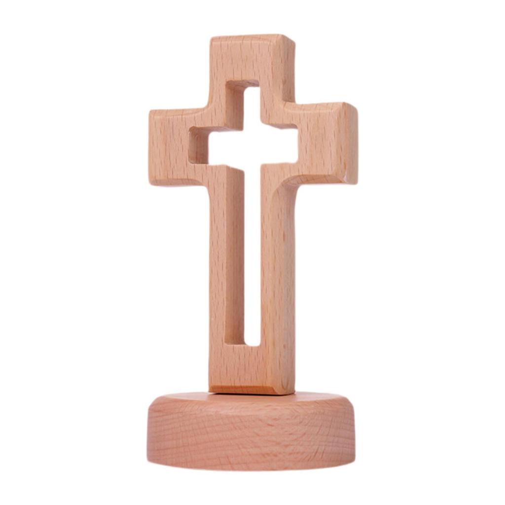Wood Cross Statue with Stand Holy Cross Tabletop Cross with Base Catholic Wood Cross Decor for Christmas Shelf Decoration