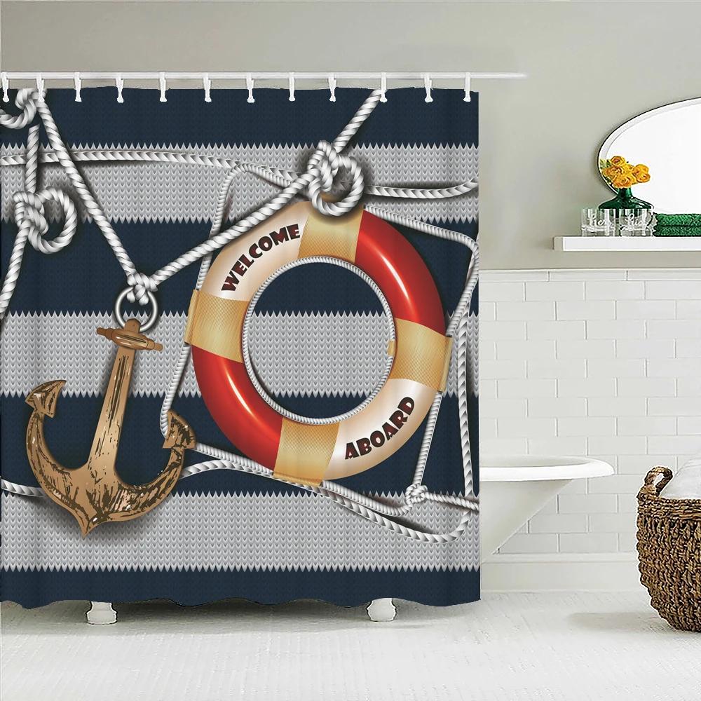 Ocean Sailing Anchor Fabric Shower Curtain Bathroom Curtains Geometry Pattern Waterproof Polyester Bath Screen With 12 Hooks