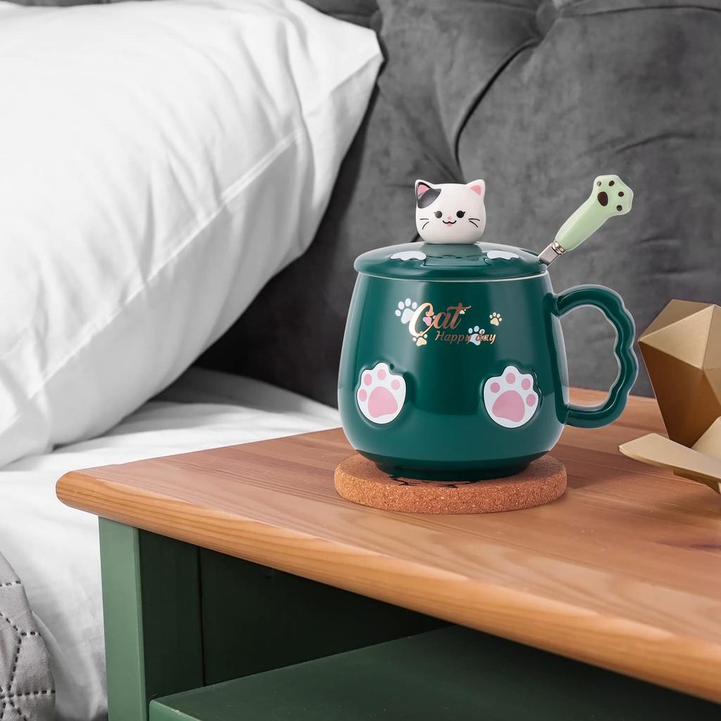 Ceramic Cat Mug with Lid and Coffee Cute Cat Birthday Gift Spoon, Cup/Mug, (White) (Green)