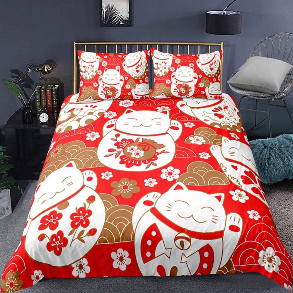 Maneki Duvet Cover Set,Japanese Lucky Cat Duvet Cover Neko Gold Coin Japanese Style Cute Bedding Set Cat Comforter Cover 2/3pcs
