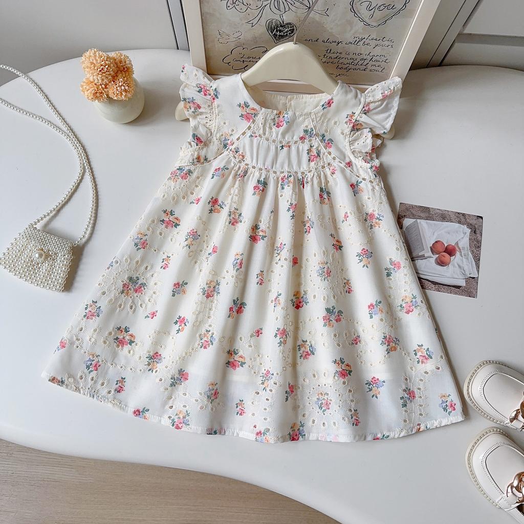 Girls Summer Embroidered Floral Dress Cute Flutter Sleeve Princess Vest Dress For Kids Children Party Wear