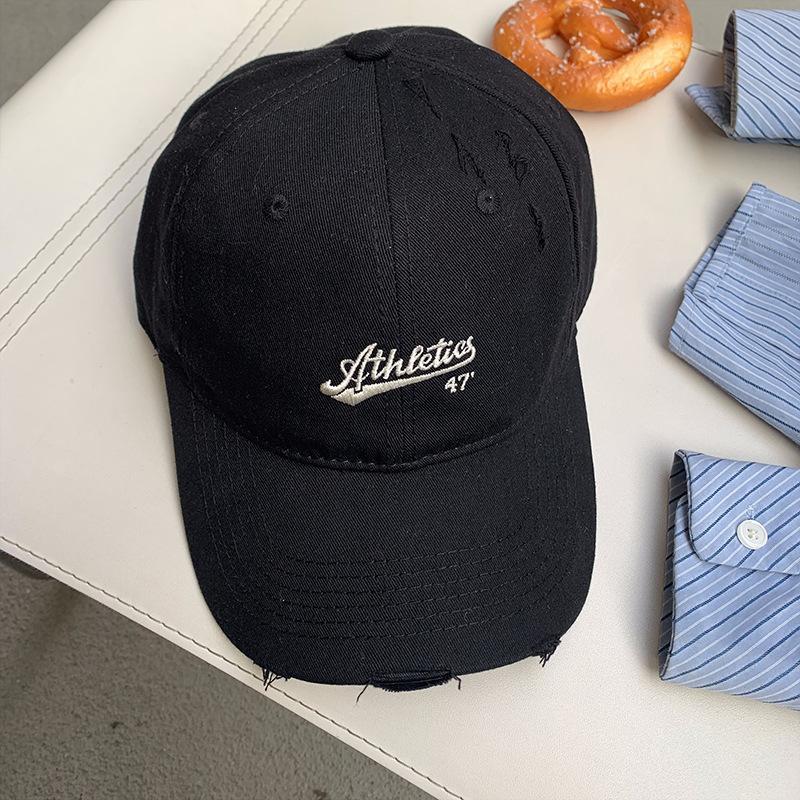 Ripped Japanese Versatile Letter Embroidered Baseball Cap Women'S Spring And Summer Soft Top Retro Cap Shows Small Face, Simple And Fashionable
