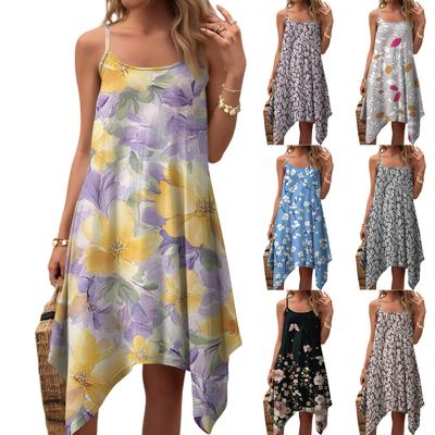 Damen Sommer Casual Vintage Blumenmuster Rundhals Verstellbares Trägerkleid mit Taschen