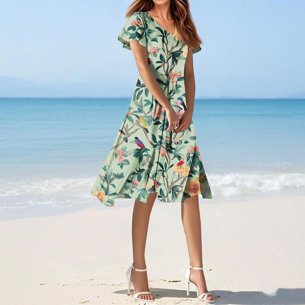 Dámské letní ležérní módní květinové tiskové šaty s výstřihem do V a krátkým rukávem, krátká sukně