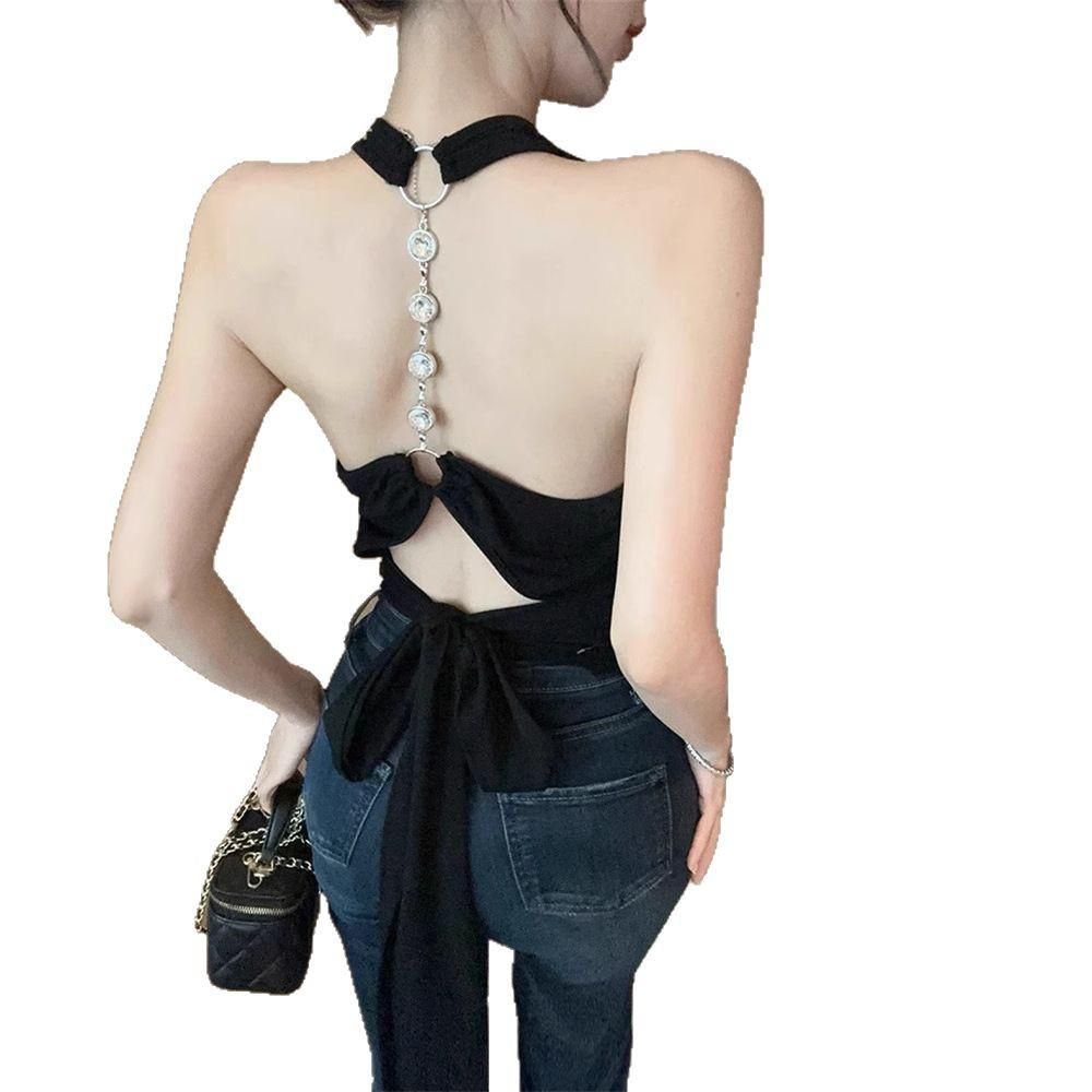 Women's Black Sexy Backless Lace-Up Halter Tank Top for Summer