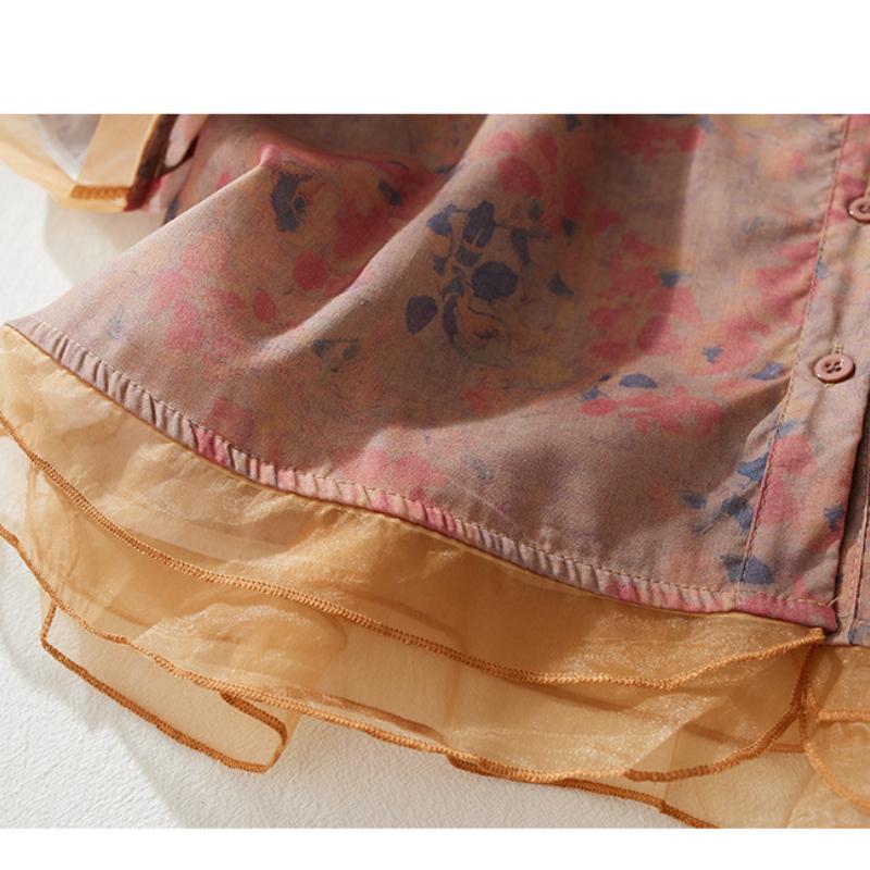 Summer Artistic Loose Floral Print Blouse Ladies Patchwork V-neck Short Sleeve Shirt Women's Vintage Top