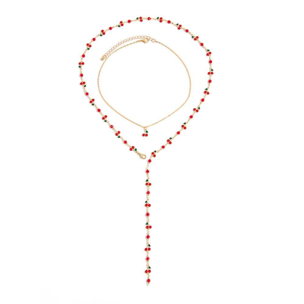 Copper Y-shaped Cherry Necklace Gold Women Long Necklace Creative Clavicle Chain  Girls