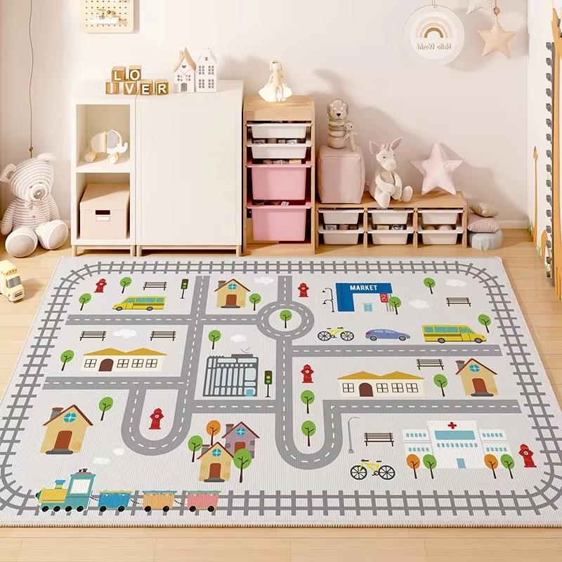 Parking Lot Floor Mat For Children's Room Bedroom Study Game Area Bedside Crawling Crystal Velvet Carpet Home Decoration