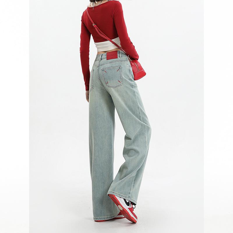 

Женские светло-голубые джинсы с высокой посадкой в стиле ретро, прямого кроя - Весенне-летние, длиной в пол, широкие штанины, свободная посадка S (85-100 jin)