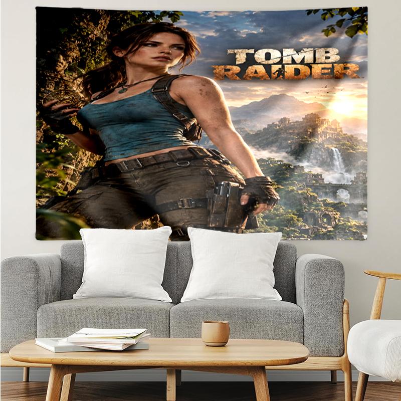 Tomb Raider Print Tapestry, Backdrop, Easy Setup, Ideal for Bedroom, Office & Living Room, with Aesthetic Wall Hanging Decor.