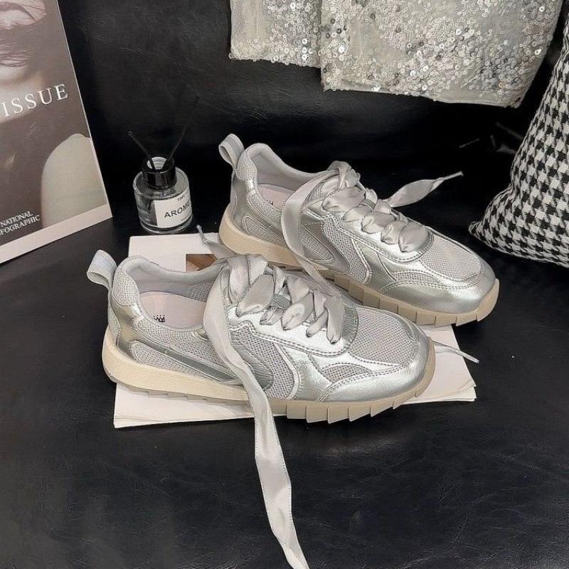 

Mesh ribbon soft sole German training shoes women s flying woven shoes heightening non-slip white shoes mesh sweet breathable casual board shoes 40 срібний