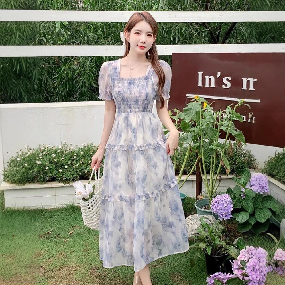 New floral new French retro waist dress women's autumn thin long dress super fairy skirt