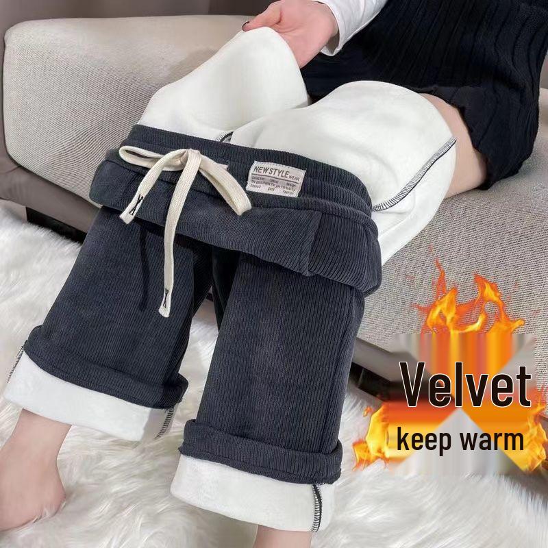 2025 New Fleece-Lined Thick Wide-Leg Straight Pants - Plus Size, Slimming, Casual Sportswear for Autumn/Winter