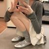 Round head silver pleated one-word buckle strap flat Mary Jane single shoes ballet shoes