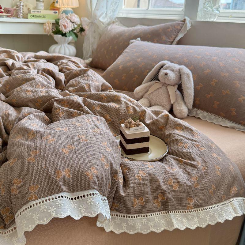 

Ins Korean Style Blue Bow Double Layer Gauze Four-Piece Set Simple Lace Edge Duvet Cover Bed Sheet Dormitory 3-Piece Set Quilt Cover 150x200