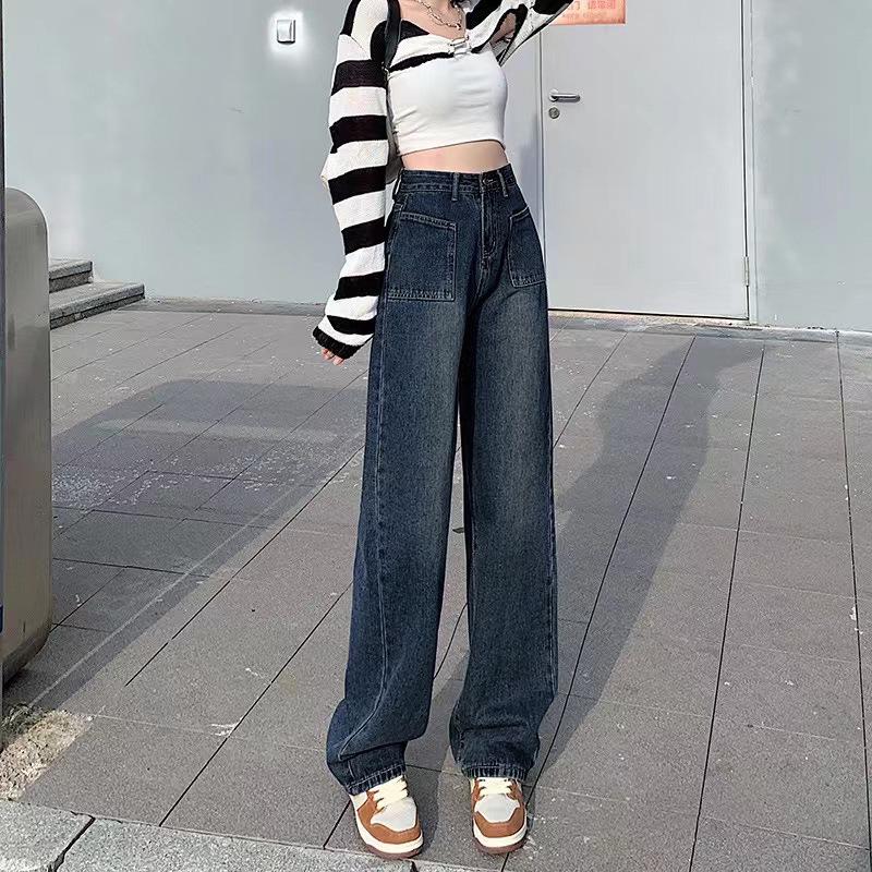 

High-Waisted Straight-Leg Jeans for Petite Women, Spring/Fall, Retro Street Style, Slimming, Loose Wide-Leg, Floor-Length. Double Extra Large сине серый