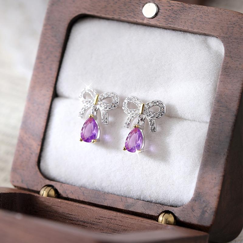 S925 Sterling Silver Sweet Cool Wind Natural Crystal Stone Stud Earrings Bow Simple Temperament Love Earrings Women Jewelry Gift