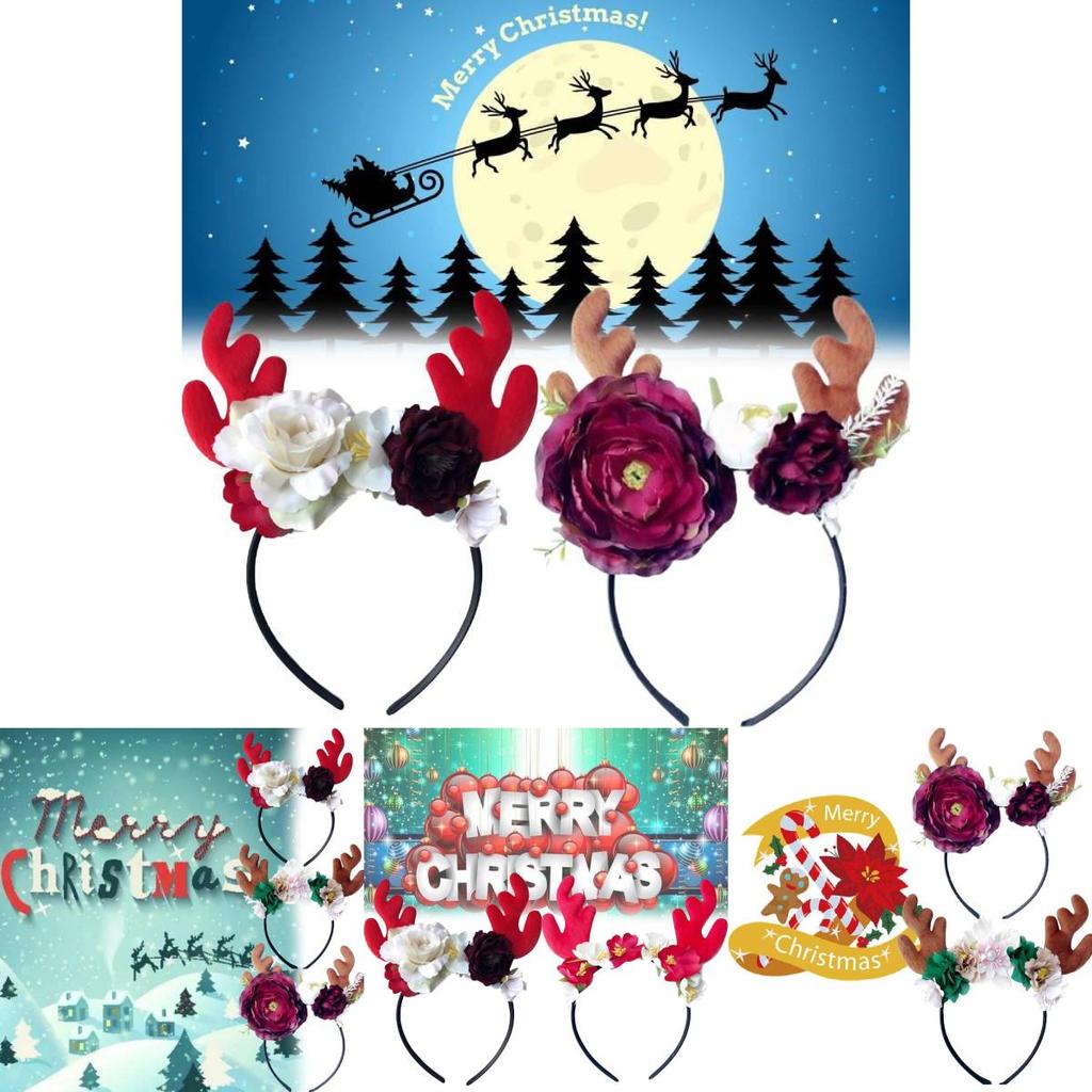 Festive Red Velvet Reindeer Antlers Headband With Floral Design For Girls