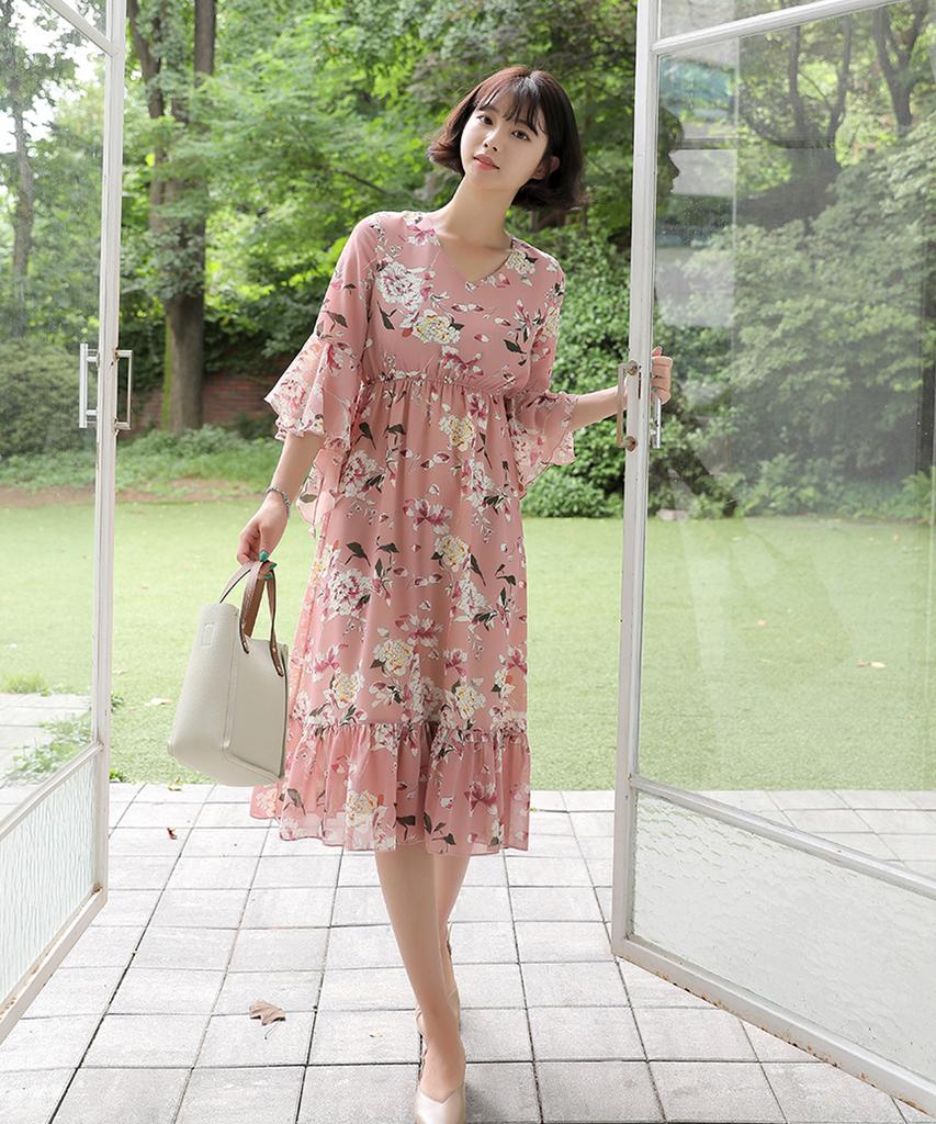 Ppaeppae Winged Sleeve V-Neck Elastic Waist Floral Dress