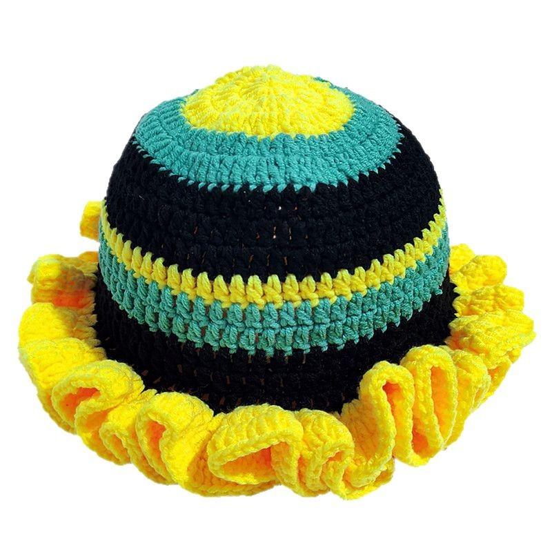 Colorful Crochet Ruffle Bucket Hat Warm Stretch Knit Hat New Year Celebration Women'S Fashion Handmade Beanie Hat