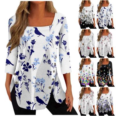 Womens Top Loose Casual Square Neck Button Print Three Quarter Sleeve T-Shirt Top