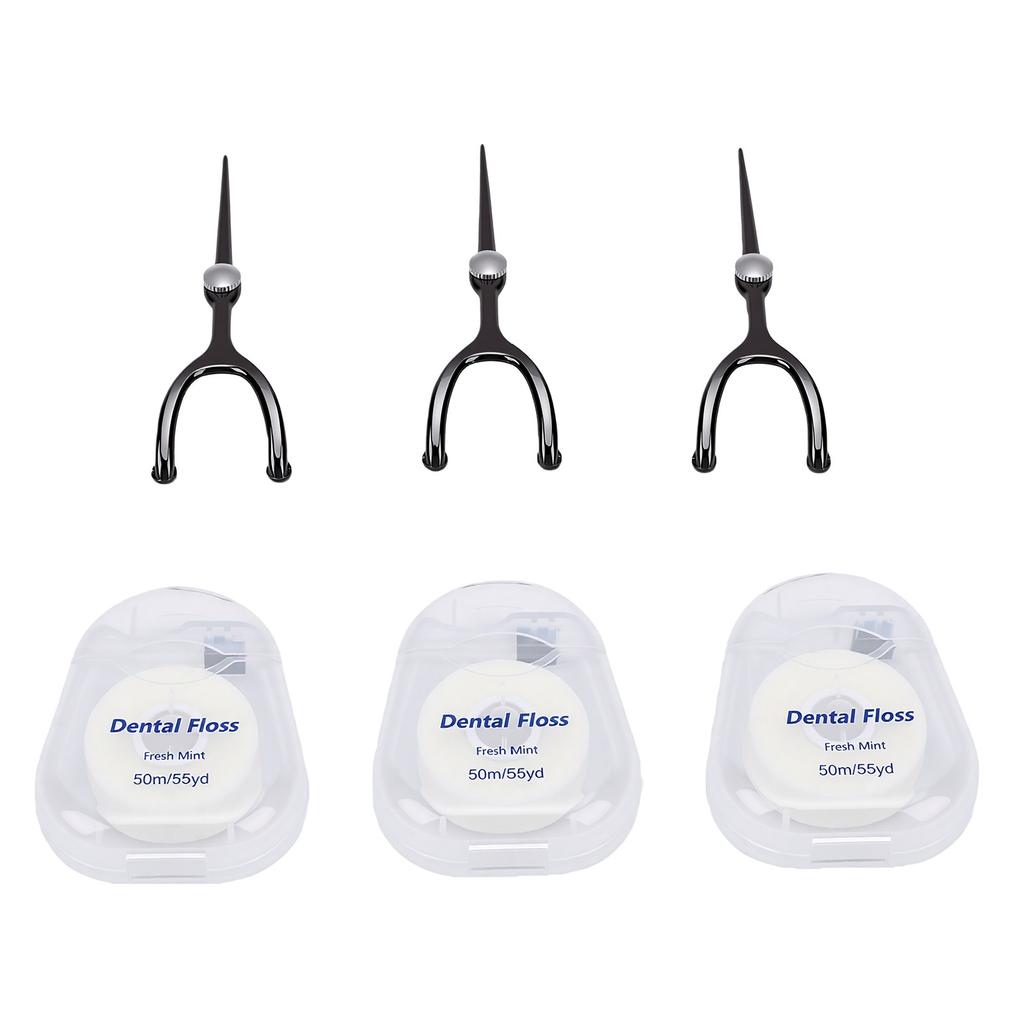 3pcs Metal Floss Tool 360 Degree All Round Cleaning Detachable Portable Reusable Floss Picks for Home Travel Black