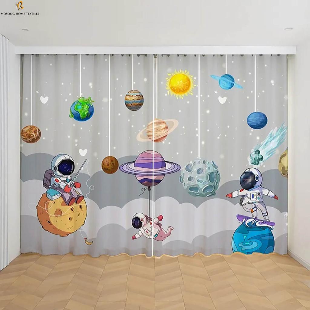 Cartoon Astronaut Printed Curtains Kids Children's Room Window Decoration Curtains Suitable For Bedroom Living Room Balcony