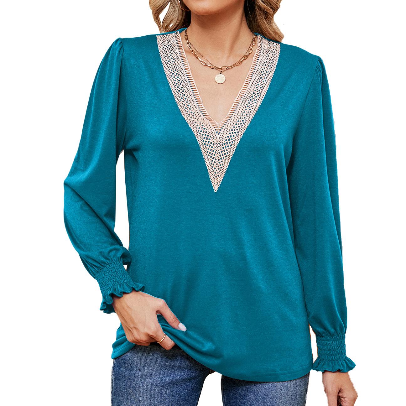 

JKASHDK женские модные повседневные осенне-зимние однотонные свободные блузки и рубашки с длинными рукавами и v-образным вырезом с принтом S светло-синий