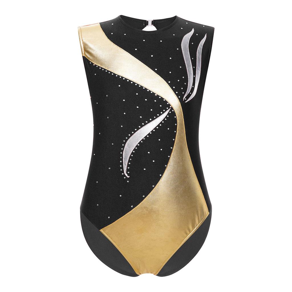 Dívčí gymnastický dres Metalický lesklý patchwork Kamínky Klíčová dírka na zádech Bez rukávů Body