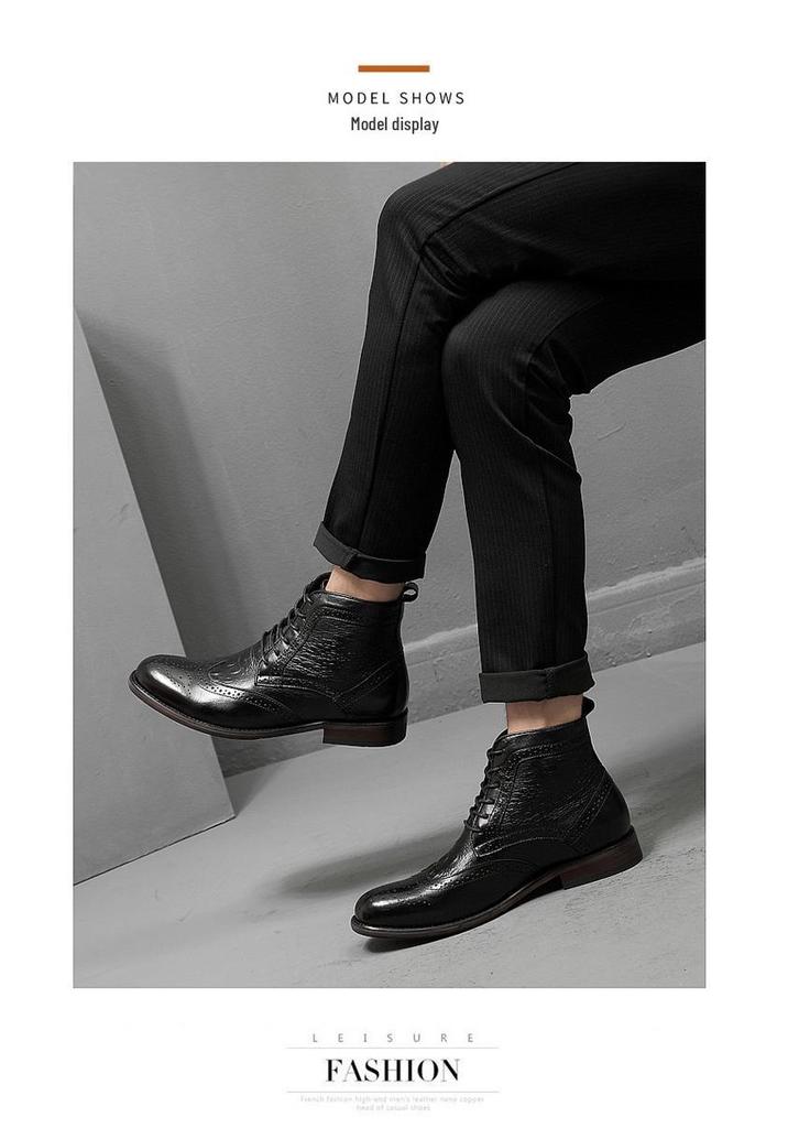 Men's Brogue Ankle Boots: Carved Cowhide High-Top, Pointed Toe, Autumn/Winter Fashion, Large Size.