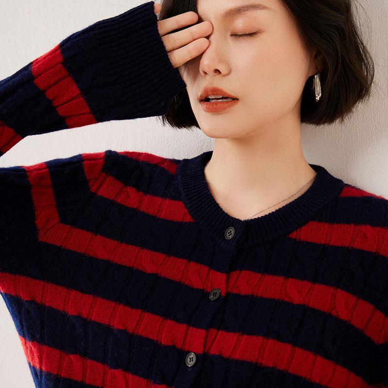 Women's Navy Style Pure Wool Color Block Stripe Cardigan Sweater