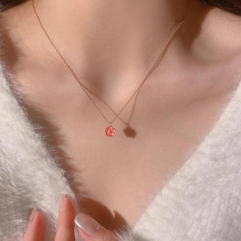 925 Sterling Silver Pink Peach Blossom Necklace Female Korean Version New Accessories Sweet Temperament Flower Neck Chain