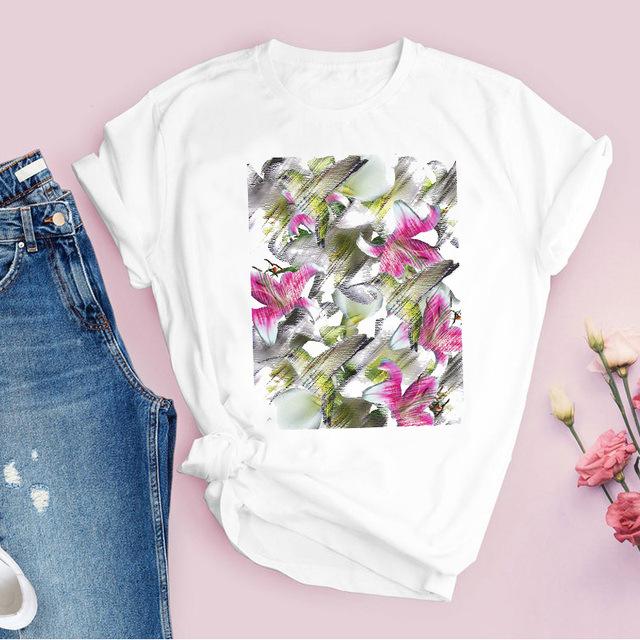 

Fashion Casual Flowers Graphics Women s T-Shirt 90S Harajuku Tees Summer Short Sleeves Shirts Loose White O-Neck Female Y2K Tops S білий