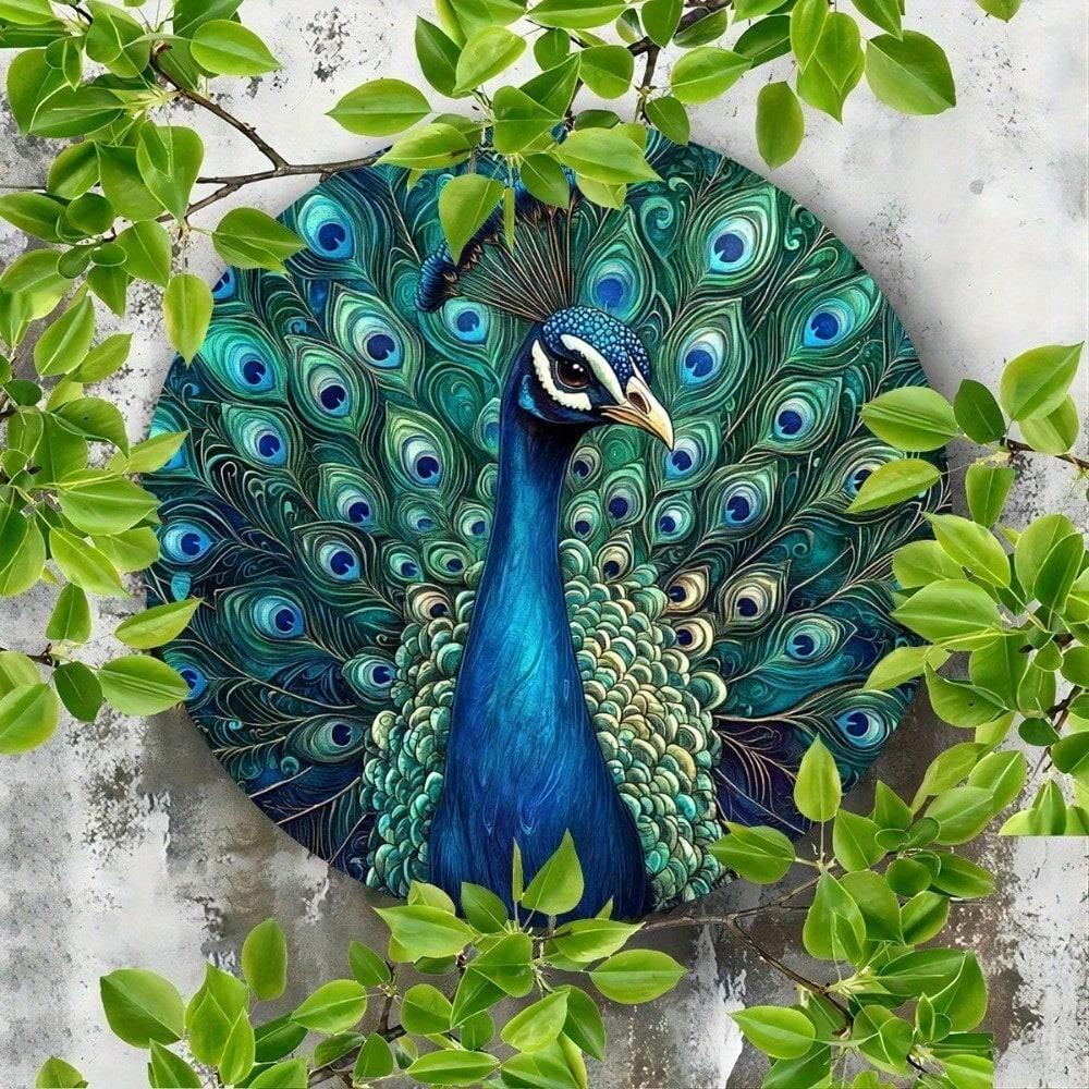 Retro Peacock Metal Sign 8x8 Round Vintage Wall Decor for Home Kitchen Garden