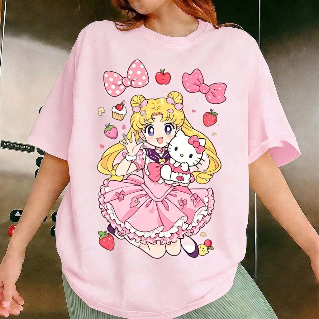 Summer printed loose T-shirt, sweet and cute casual street style top for women.