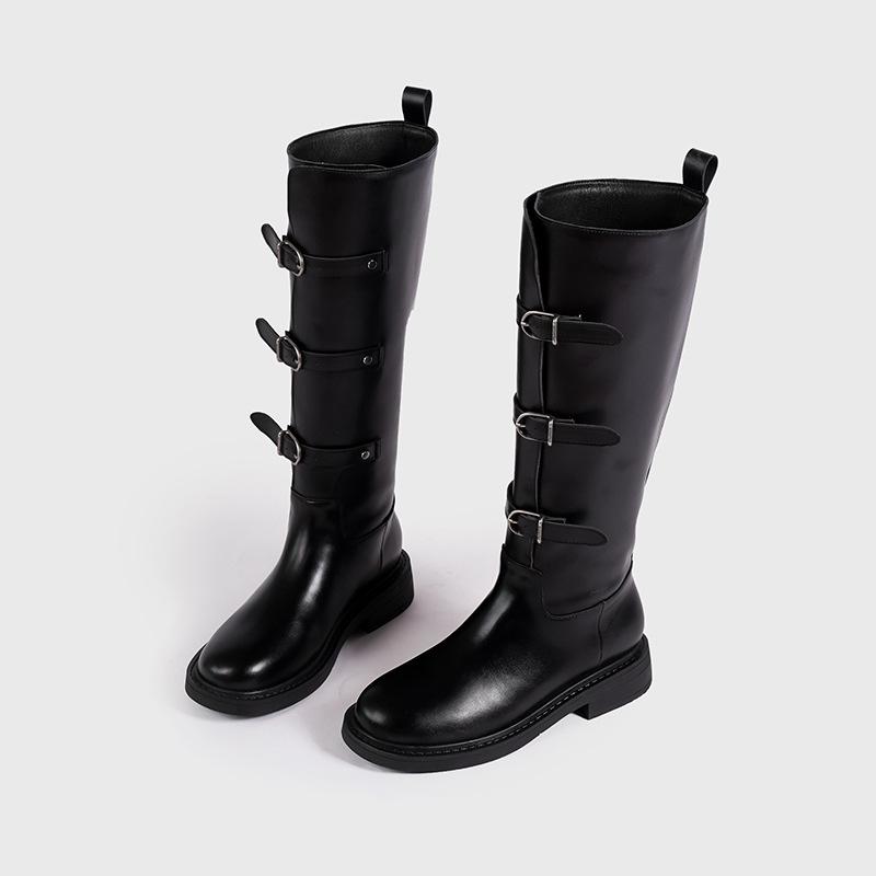 Meng Ziyi's same black and gray spliced knight boots for women's 2025 autumn and winter new belt buckle high boots long boots fashion boots